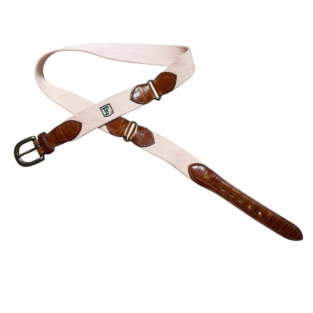 Faconnable Sellier Mens Canvas Leather Belt Cream Brown France Size 36 90